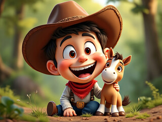 Funny cheerful boy 3d cartoon caricature with exaggerated features wearing cowboy outfit next to a cute baby horse toy