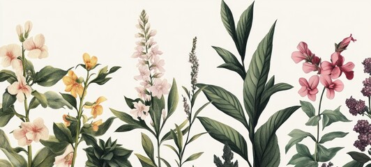 Botanical Illustration: A Delicate Arrangement of Flowers and Greenery