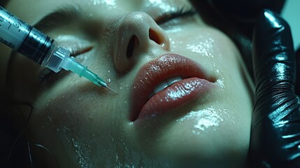 A close-up shot of a person receiving a beauty treatment, focusing on glistening skin and a precise application with a syringe.