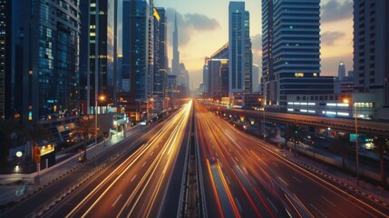 Fototapeta premium Night City Highway Urban Development Modern Architecture Traffic Lights Cityscape at Dusk