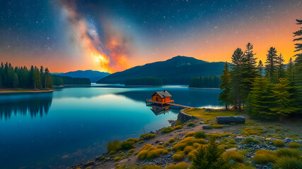 Amazing nature outdoors camping in summertime with beautiful milky way at night time. Calm lake water, forest trees with hills and mountains, idyllic landscape background. Hiking adventure design. Ai