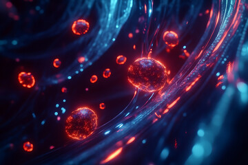 Futuristic nanotechnology particles interacting with cells in the human bloodstream, showcasing deep tech innovation in medicine with high realism and detail.
