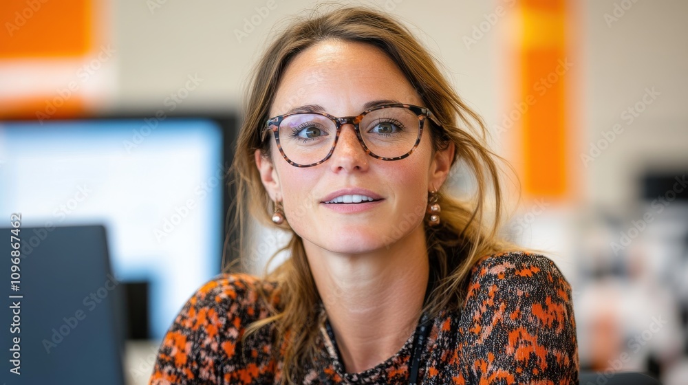 Poster a confident woman with glasses in a colorful patterned blouse working in a contemporary office setti