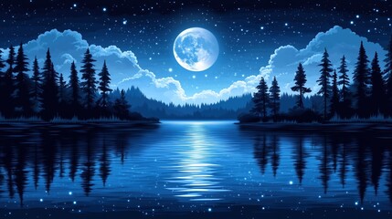 Naklejka premium night fairytale atmosphere full moon, moon trees, fireflies