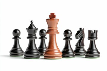 Brown king among black chess pieces.