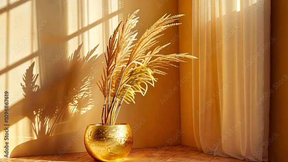 Poster a radiant display of pampas grass in a golden pot captures the afternoon light, casting beautiful sh