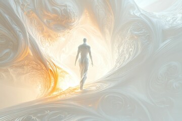 Fototapeta premium Figure walks toward bright light, swirling abstract landscape.