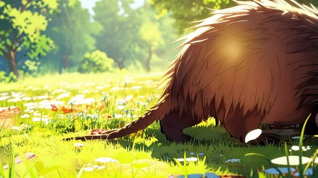anime sunny day Echidna in forest, walking off screen, perfect for segue, transition