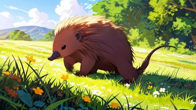 anime echidna in sunny meadow with flower, lush greenery, perfect for segue, transition
