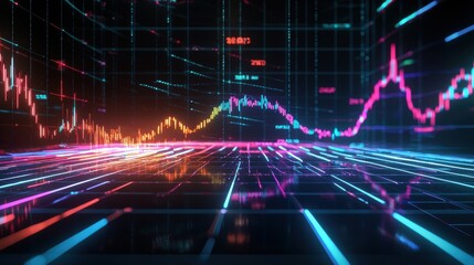 Futuristic 3D Line Graph Illustrating 2024 Tech Market Trends for Finance Visualization
