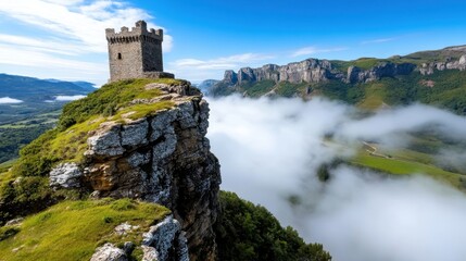 Fototapeta premium A singular stone watchtower stands isolated on a high, sheer cliff face, gazing into an expansive and beautiful landscape, suggesting solitude and watchfulness.