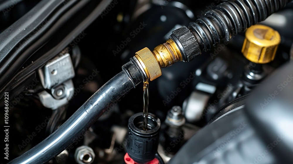 Poster a close-up view of an engine component showing a leak from a hose connection, highlighting automotiv