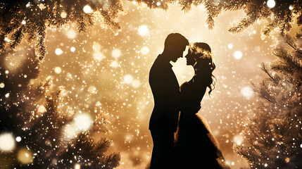 A romantic Christmas card featuring a silhouetted couple under mistletoe with a snowy backdrop and golden accents.
