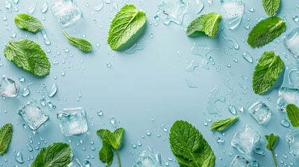 Mint and Ice Cubes: Top view photo of mint leaves, ice cubes, and water drops on an isolated pastel blue background.