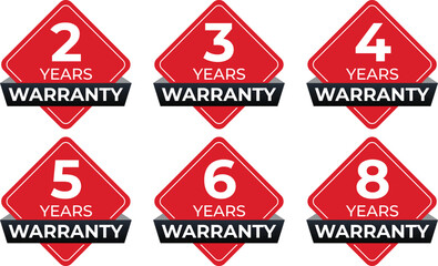 1, 2, 3, 4, 5, 6, 7, 8, and 9 years warranty in hexagon star diamond in red color vector product quality sticker. Warranty sticker set in hexagon unique style.