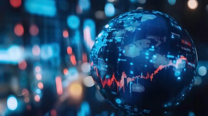 A glowing blue orb with a red line graph in the center representing the global market and business, with blurred city lights in the background.
