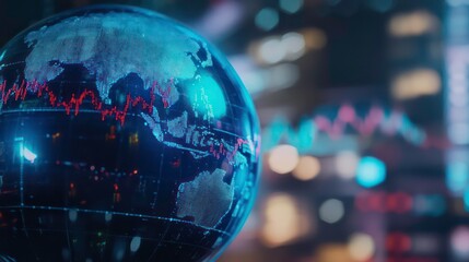 Close-Up Photo of Blue Globe with Stock Market Graphs Representing Global Economy