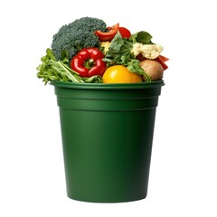 A green container filled with a variety of fresh vegetables, including broccoli, peppers, and leafy greens, promoting healthy eating and sustainability.
