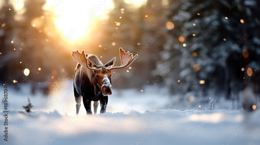 Aufkleber a moose stands majestically in a snowy forest with golden sunlight causing sparkling glow around, cr