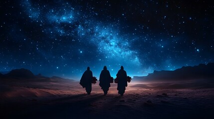 Fototapeta premium The Three Wise Men carry gifts through the desert guided by the stars. Christmas concept.