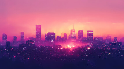 Vibrant city skyline illuminated by lights during twilight with a watercolor effect showcasing a dreamy atmosphere. Twilight Horizon Glow. Illustration