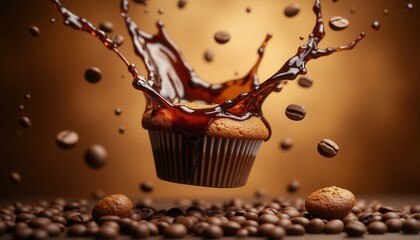 Roast and Bake Moments. A cupcake surrounded by coffee beans splashes coffee, creating a dynamic and appetizing dessert scene.