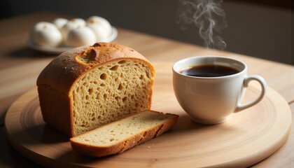 Roast and Bake Moments. A warm loaf of bread sits beside a steaming cup of coffee on a wooden board, complemented by a subtle background of eggs.