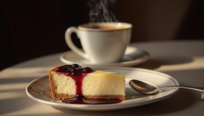 Roast and Bake Moments. A slice of cheesecake topped with berry sauce, accompanied by a steaming cup of coffee, set on a cozy table.