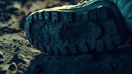 Close-up of an astronaut boot print on a rugged lunar surface, dark shadows and textured ground, moon landing, historic space exploration