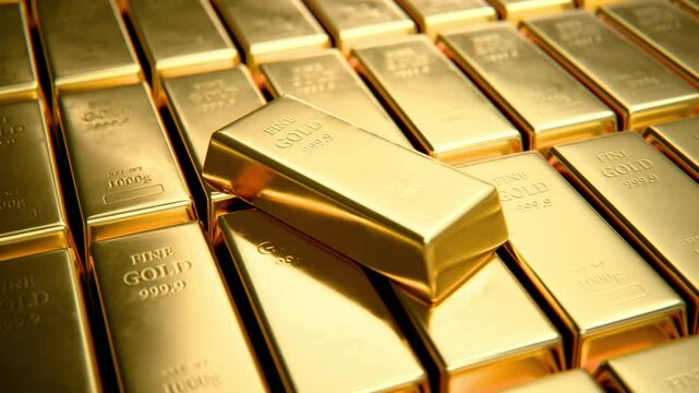 One gold bar on stacked gold bars, in a row, panoramic camera movement, seamless 3D animation, A stack fine gold bars, loopable