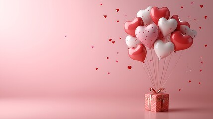 valentines day concept 3D heart shaped balloons flying with gift boxes on pink background. Love concept for Happy Mother's Day. Valentine's Day