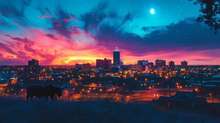 Fototapeta premium Lights blue buffalo skyline. Twilight Horizon Glow. Illustration