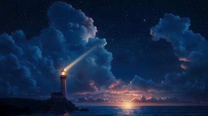Fototapeta premium Light beam from lighthouse illuminating the dark sky and baltic sea , lighthouse, light beam, dusk, baltic sea, navigation. Twilight Horizon Glow. Illustration