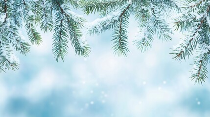 Obraz premium Snow-Dusted Evergreen Branches with Blurred Winter Background