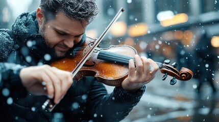 Fototapeta premium A musician immersed in his craft as he plays a violin passionately amidst a falling winter snowfall, embodying perseverance and artistic dedication in challenging conditions.