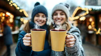 Two Young Cheerful Friends Holding Steaming Cups of Mulled Wine at a Christmas Market