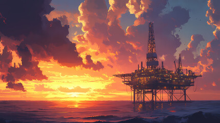 Obraz premium An offshore oil rig stands tall in the vast ocean at sunset. the platform is illuminated, casting a warm glow against the dramatic sky. Twilight Horizon Glow. Illustration