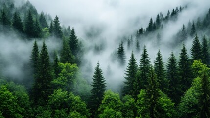 Fototapeta premium A dense fog settles over a vibrant evergreen forest, weaving through the trees and creating a mysterious, dreamlike scene at the forest's edge.