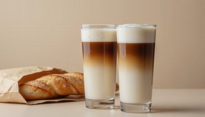 Roast and Bake Moments. Two glasses of layered coffee sit beside a loaf of bread, creating a cozy and inviting breakfast scene against a neutral background.