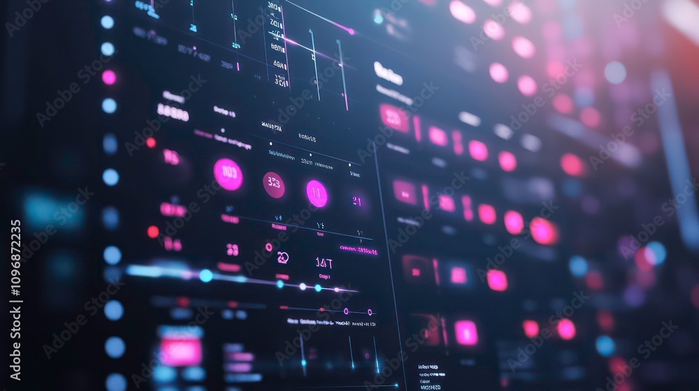 Poster close-up shot of a computer screen displaying a futuristic user interface with a glowing pink and bl