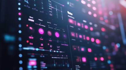 Close-up shot of a computer screen displaying a futuristic user interface with a glowing pink and blue color scheme.