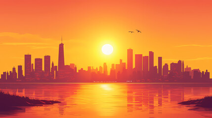 Fototapeta premium A stunning sunset over a cityscape, with the sun casting a warm glow over the buildings and water. Twilight Horizon Glow. Illustration