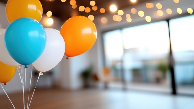 Orange and blue balloons are beautifully arranged in focus, while a soft bokeh effect from ceiling lights adds a festive and enchanting atmosphere to the spacious room.