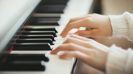 Fototapeta premium Close-up of hands playing piano keys.