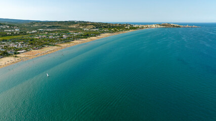 Aerial view of the long beach of Vieste, a tourist destination of Gargano, in the province of...
