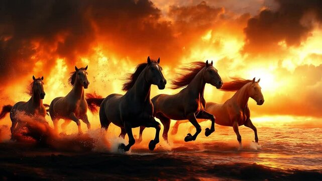 Four majestic horses run through ocean waves at sunset. The fiery sky creates a dramatic, powerful image of wild beauty and untamed nature, 4k hd Quality.