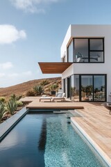Fototapeta premium Modern minimalist villa with pool and panoramic view in a serene landscape showcasing elegant outdoor furniture and clean architectural lines
