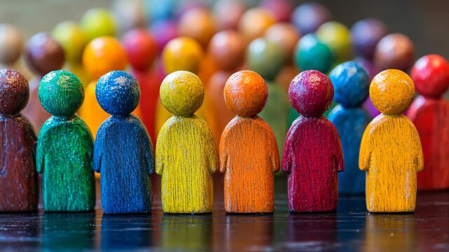 Colorful wooden figures stand together representing diversity and unity