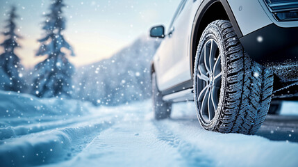 Winterreifen auf einer verschneiten Fahrbahn, Unterwegs bei Eis, Regen und Schnee mit dem Auto, Closeup eines Autos mit Winterreifen bei schlechtem Wetter