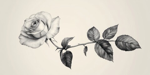 A Single Rose Stem With Leaves Drawn In Pencil